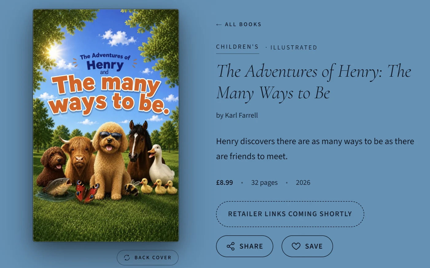 Book page for Adventures of Henry in the children's palette: sky-blue ground with soft green accents.