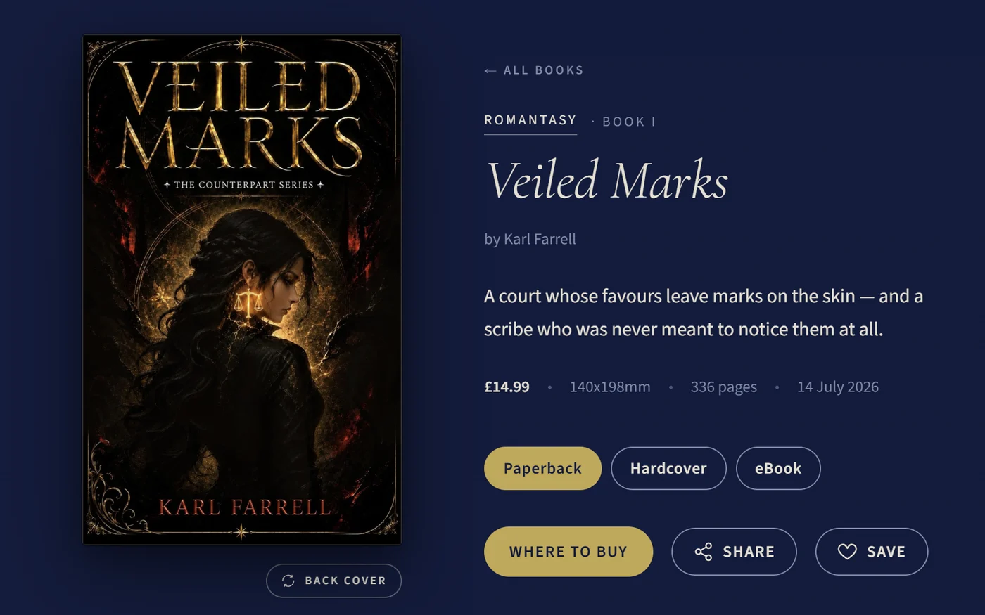 Book page for Veiled Marks in the romantasy palette: deep navy ground with gold display type and ornament.