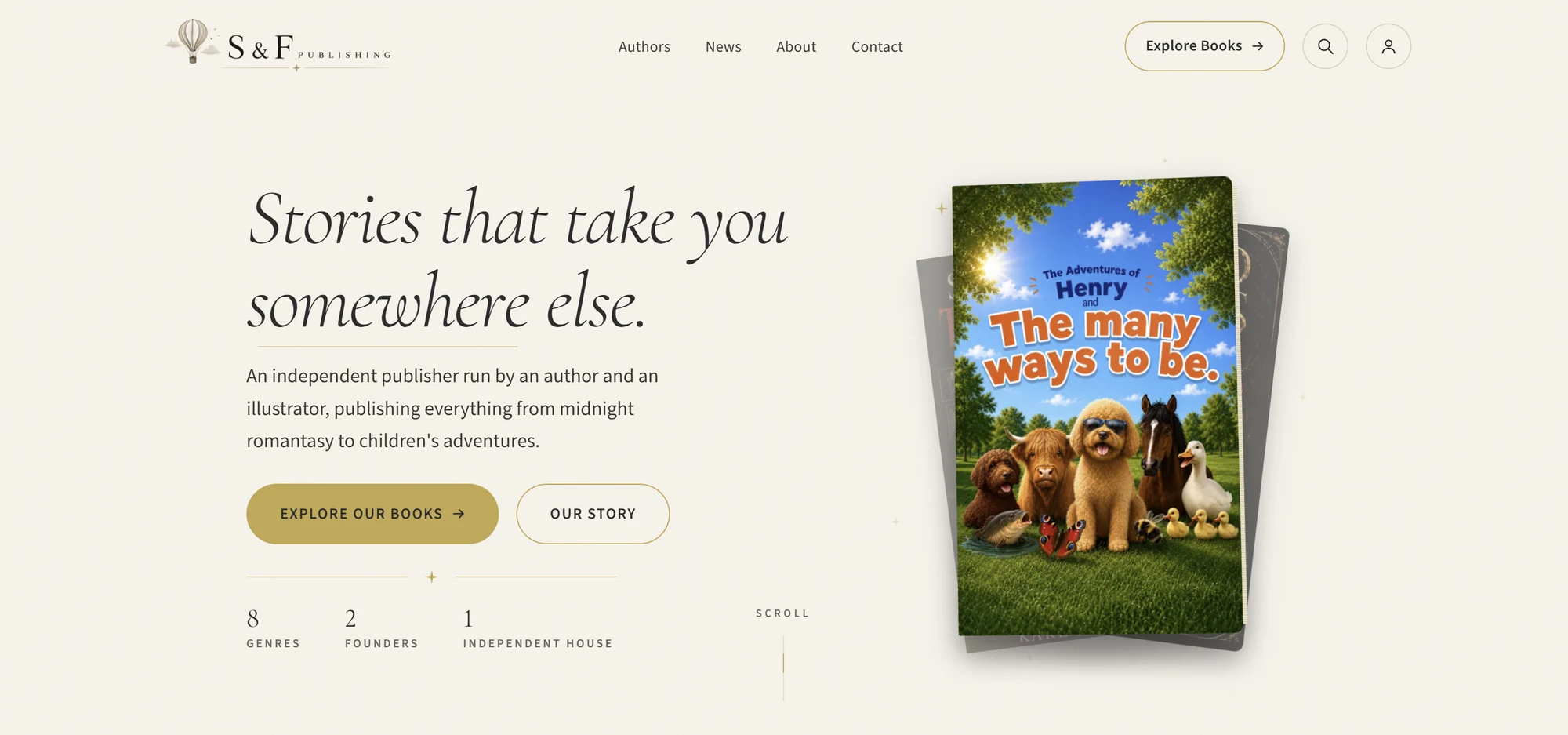 The Simms & Farrell Publishing homepage, showing a fanned stack of book covers on an ivory ground.