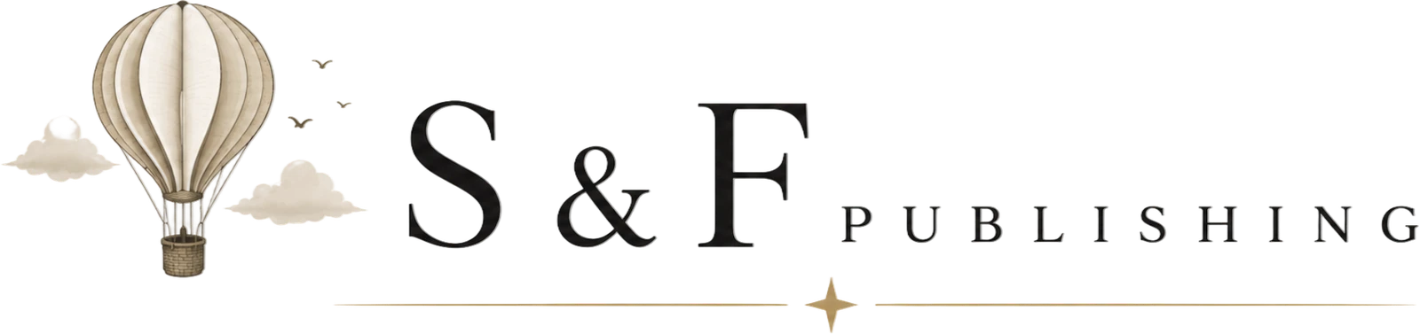 The Simms & Farrell Publishing horizontal lockup: a watercolour hot-air balloon and clouds beside the S&F serif wordmark, over a thin gold rule.