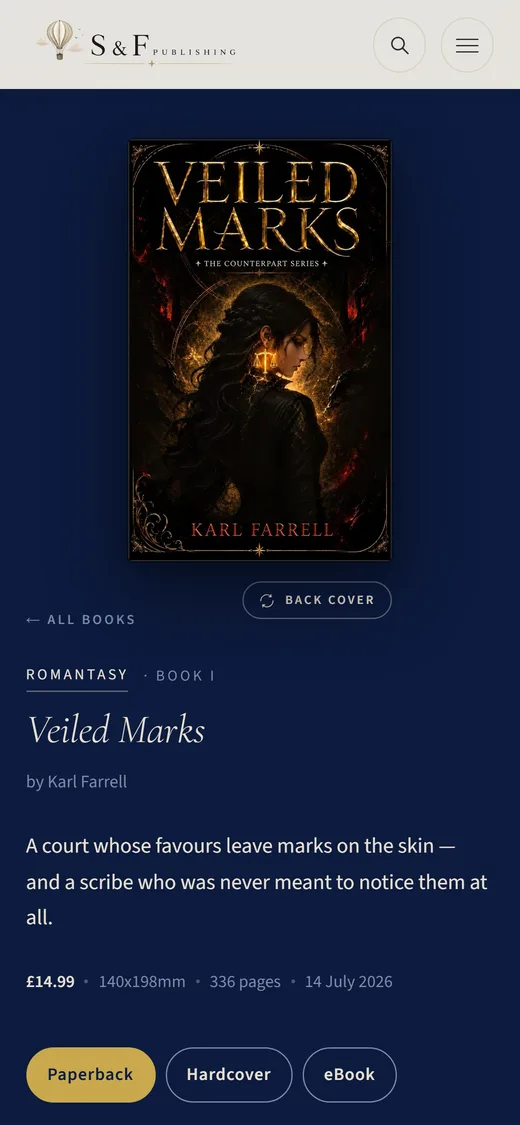 A Simms & Farrell book page shown on mobile.